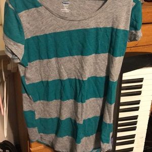A teal-grey striped shirt
